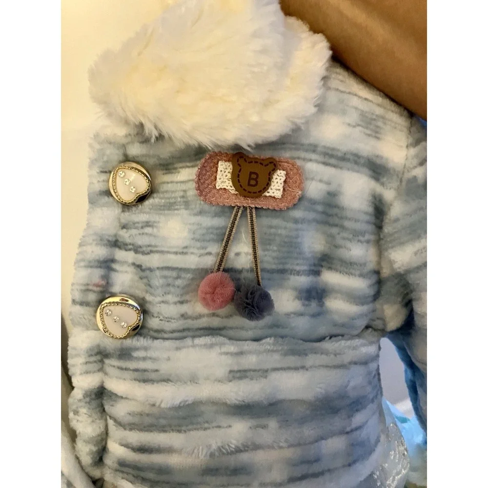 Toddler Girls Blue‎ White Faux Fur Coat 12-18 Months Lace Ruffled Lace CUTE!!